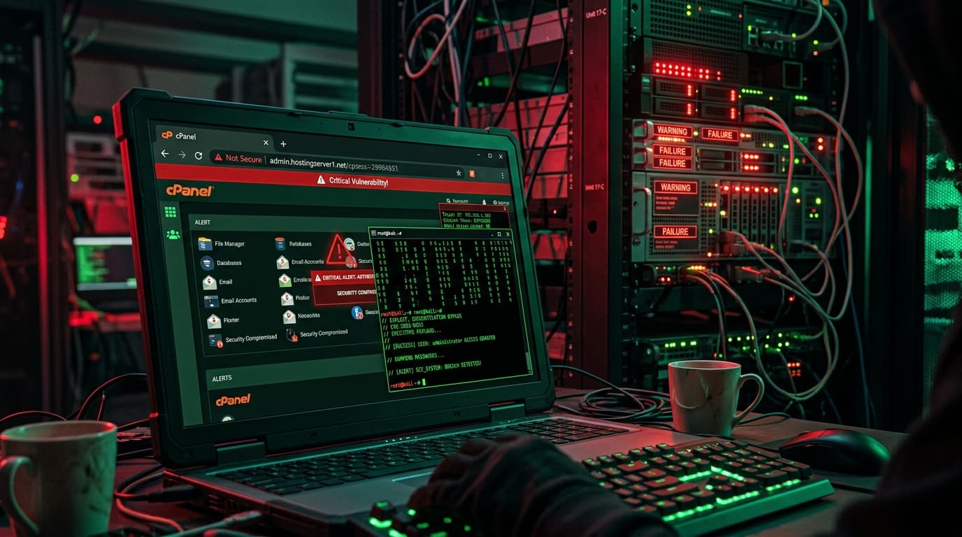 หน้าจอ terminal แสดง authentication bypass และ security vulnerability ใน web hosting server