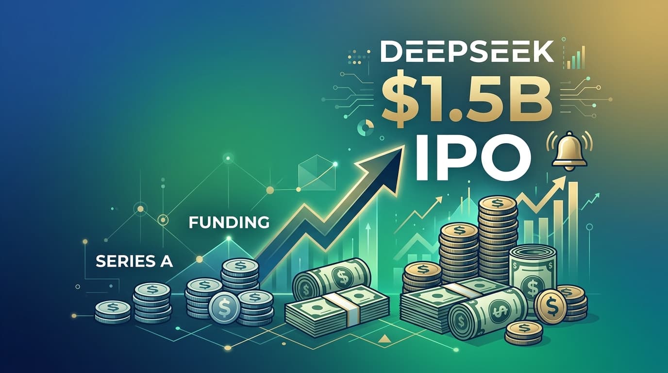 กราฟิก DeepSeek AI startup กับการระดมทุนและ IPO ด้วยโทนสีน้ำเงิน-ทอง แสดงกราฟการเติบโต