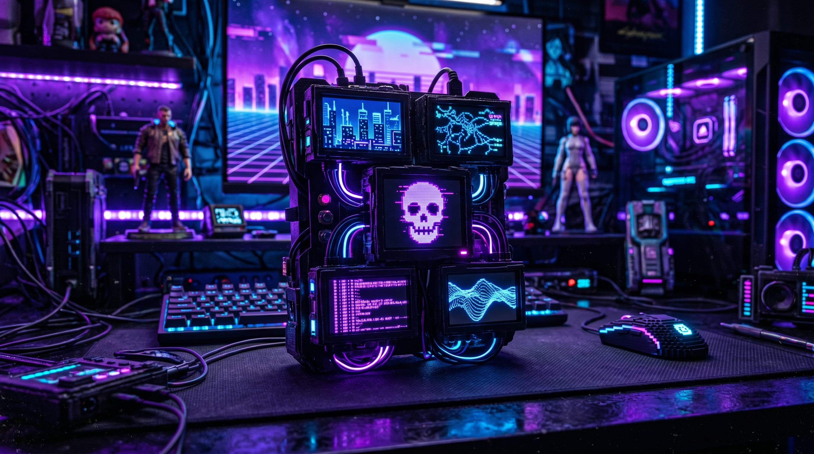 กราฟิก Cyberpunk นีออนสีม่วง-ฟ้า แสดง Gadget Divoom Times Gate ที่มีพิกเซลอาร์ต 5 หน้าจอและแสง RGB บนโต๊ะทำงานที่มีสไตล์