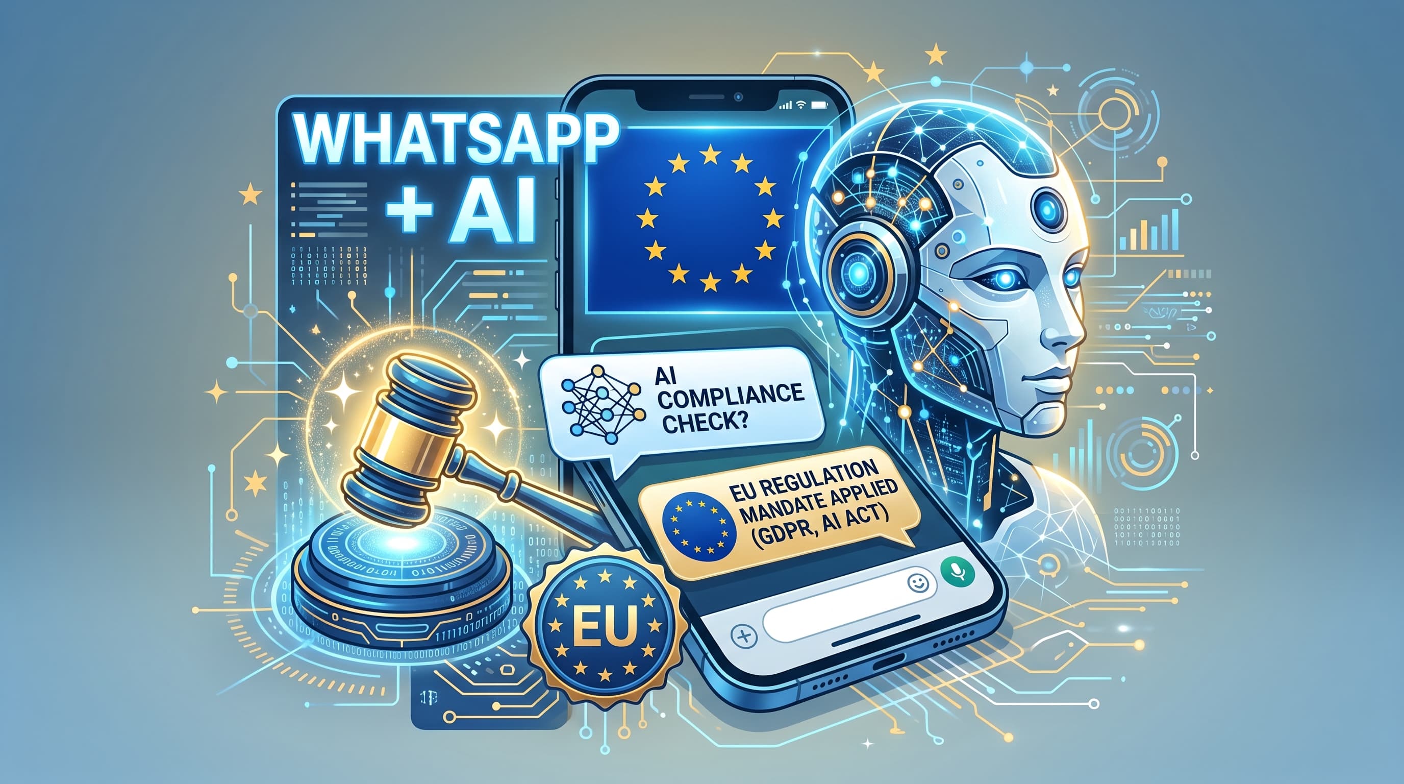 โลโก้ WhatsApp และ EU พร้อมสัญลักษณ์ AI chatbot ประกบกัน