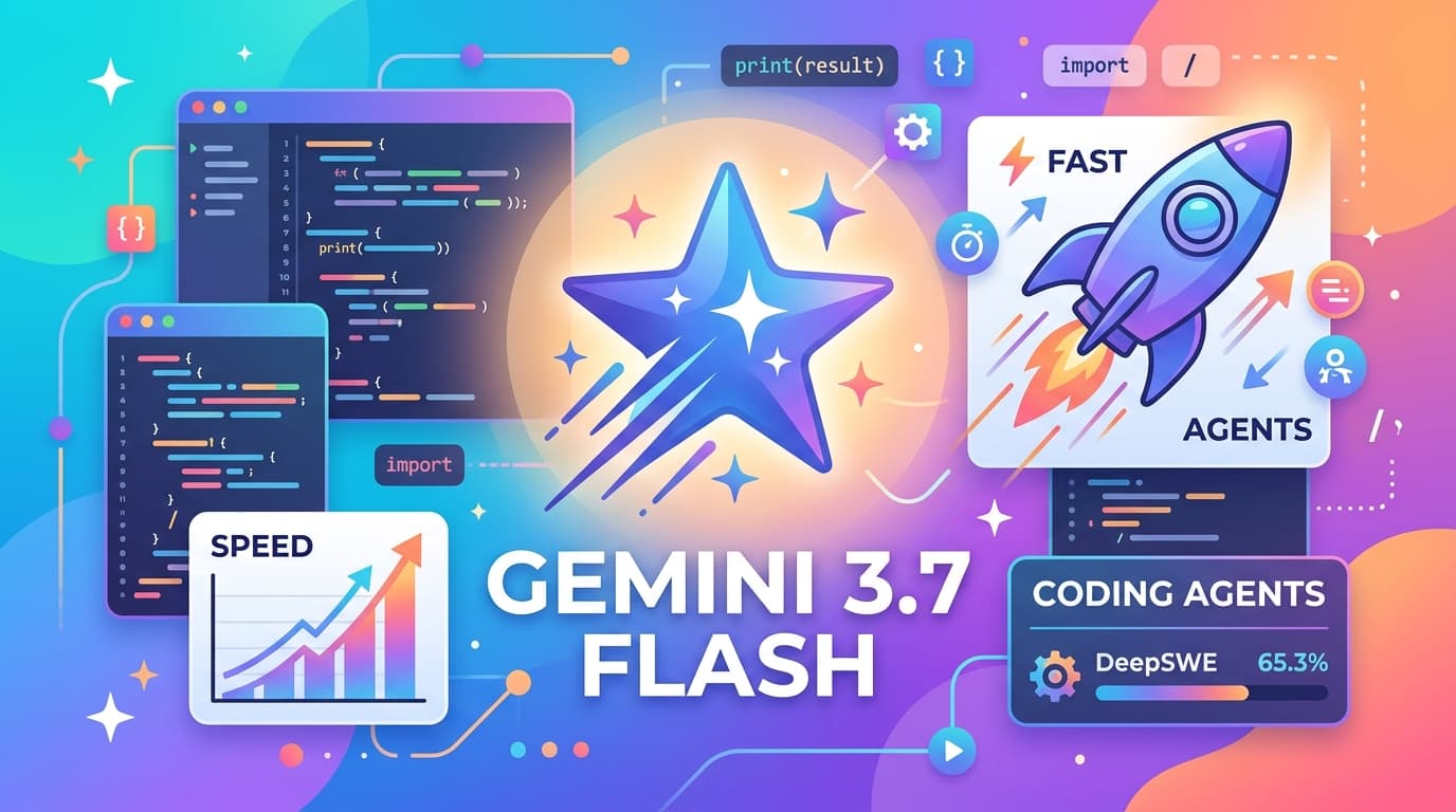 กราฟิกโลโก้ Gemini สีฟ้าสดใสพร้อมข้อความ GEMINI 3.7 FLASH และตัวเลขคะแนน DeepSWE 65.3%