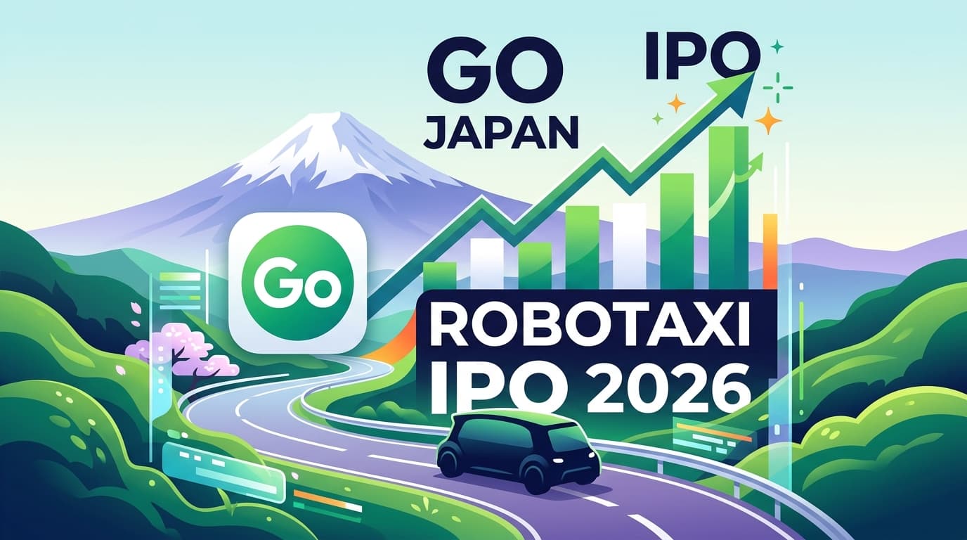 ภาพกราฟิกแนวรถแท็กซี่ไร้คนขับสไตล์โมเดิร์นพร้อมโลโก้ Go Japan และกราฟ IPO