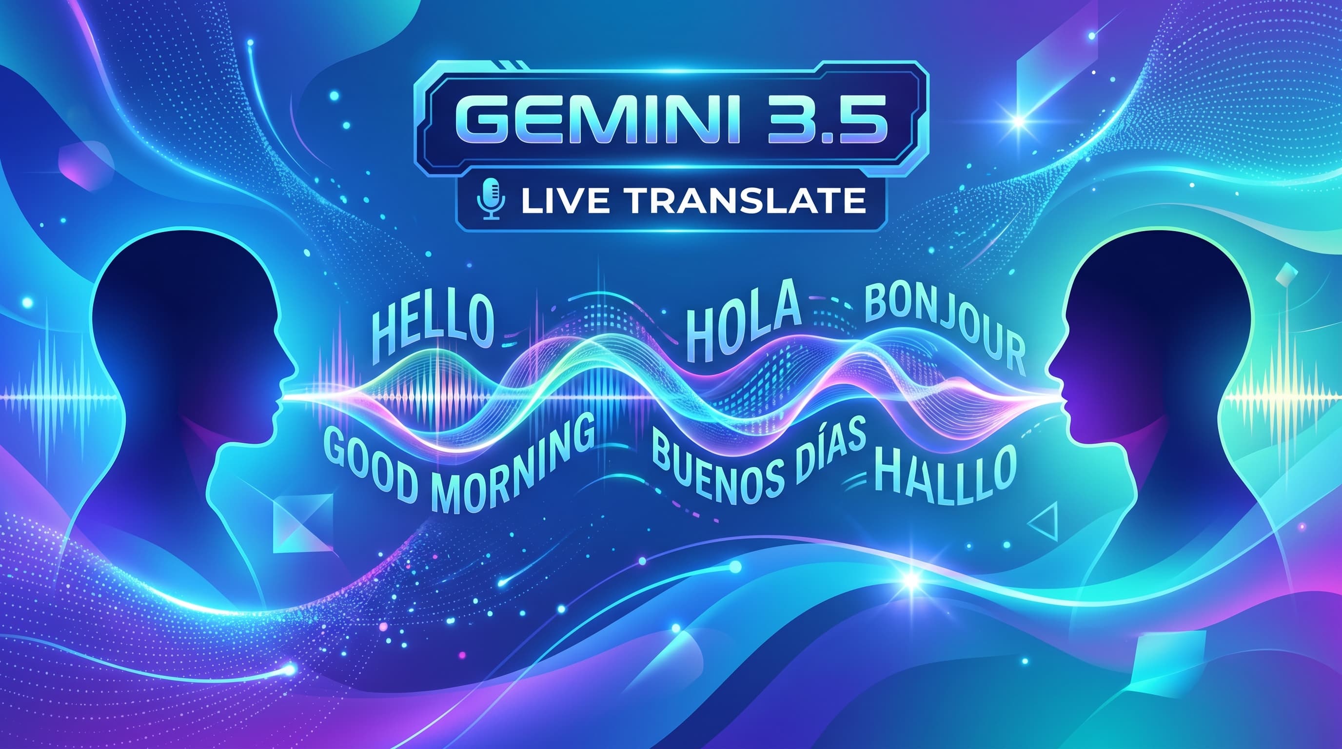 Gemini 3.5 Live Translate แสดงคลื่นเสียงแปลภาษาแบบ real-time ระหว่างสองคนพูดคุย