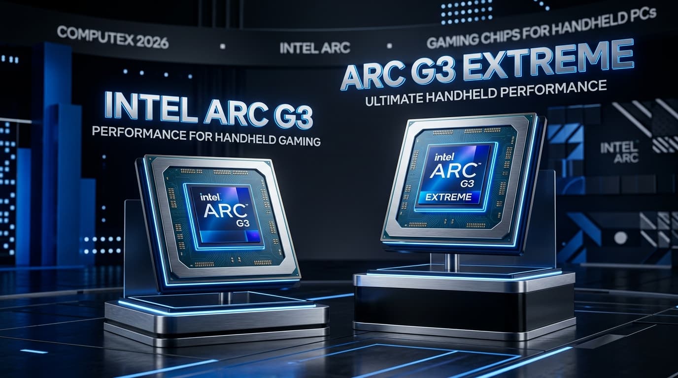 Intel Arc G3 และ Arc G3 Extreme ชิปกราฟิกสำหรับเครื่องเกมพกพา พร้อมโลโก้ Intel Arc สีน้ำเงินเรืองแสงบนพื้นหลังเทค ให้ความรู้สึกทันสมัยและพรีเมียม