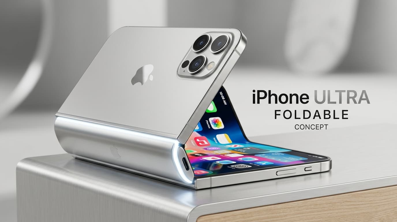 ภาพคอนเซ็ปต์ iPhone Ultra จอพับได้ สีขาวและดำ ดีไซน์เรียบหรู แนวสตูดิโอ Apple