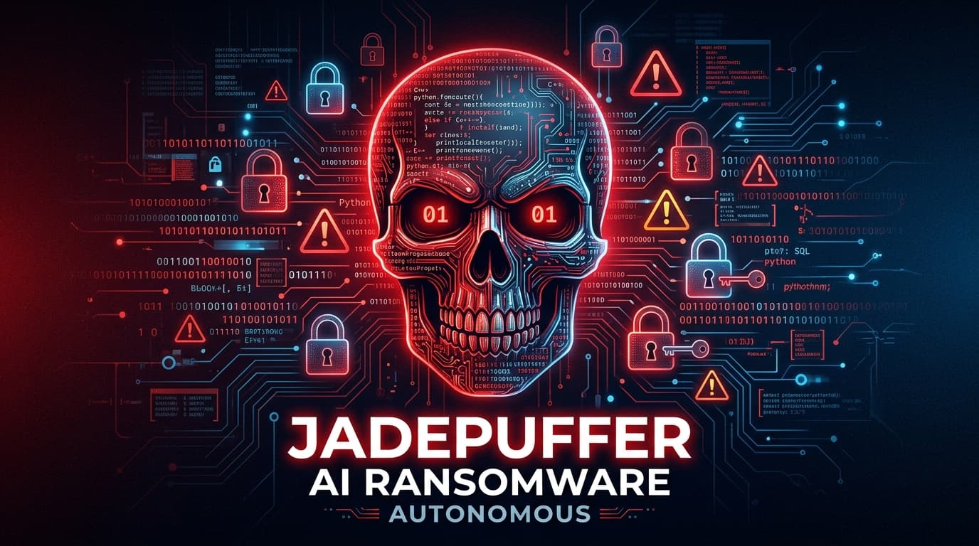 กราฟิก AI cybersecurity ransomware JADEPUFFER กับภาพโล่ป้องกันที่ถูกเจาะ แสดงภัยคุกคาม AI อัตโนมัติ