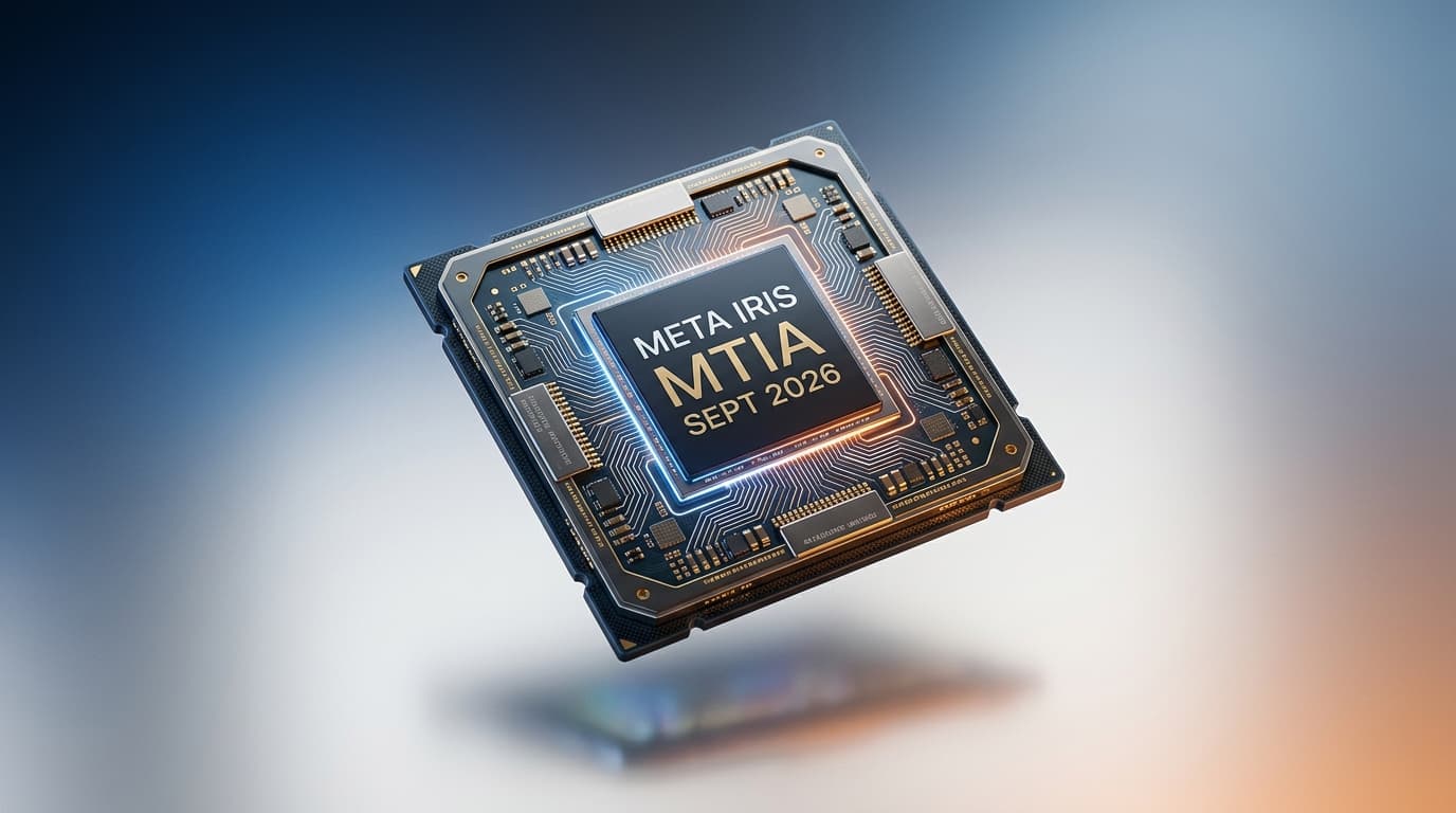 ภาพชิป AI ของ Meta สีสันสดใสพร้อมโลโก้ Meta และข้อความ Iris MTIA Chip