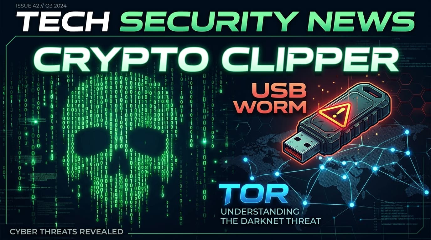 ภาพมัลแวร์ Crypto Clipper แทรกซึมผ่าน USB เชื่อมต่อ Tor สีสันแนวไซเบอร์ มีสัญลักษณ์คริปโทเคอร์เรนซีและคำเตือนด้านความปลอดภัย