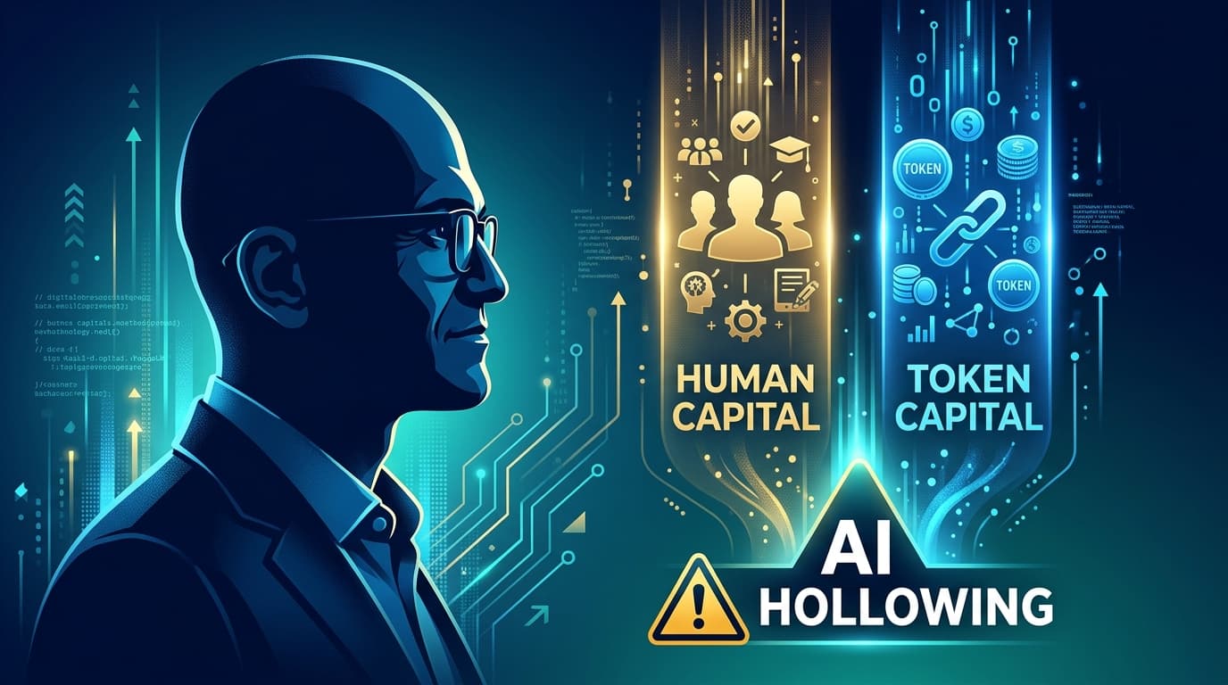 Satya Nadella speaking at a tech event with AI holographic visualization in background