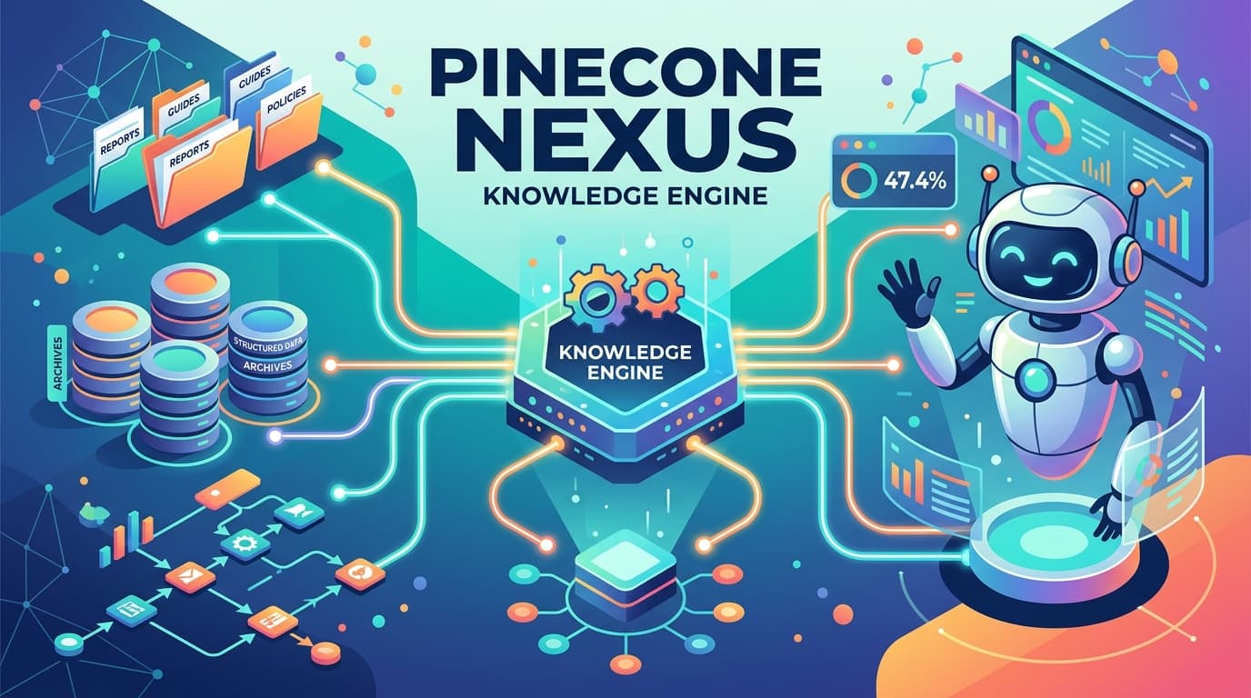 กราฟิกเครื่องยนต์ความรู้เชื่อมต่อข้อมูลองค์กรกับ AI agents พร้อมข้อความ PINECONE NEXUS และตัวเลข 47.4%