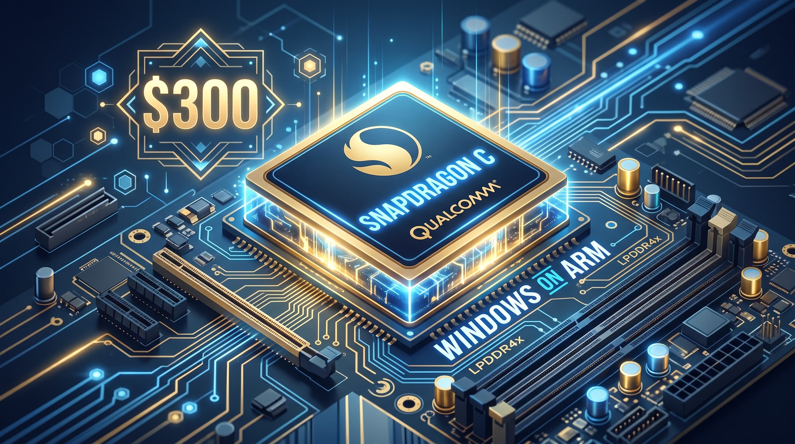 Qualcomm Snapdragon C ชิป ARM ราคาประหยัดสำหรับ Windows laptop ราคา $300 สไตล์ tech showcase สีฟ้าและทอง