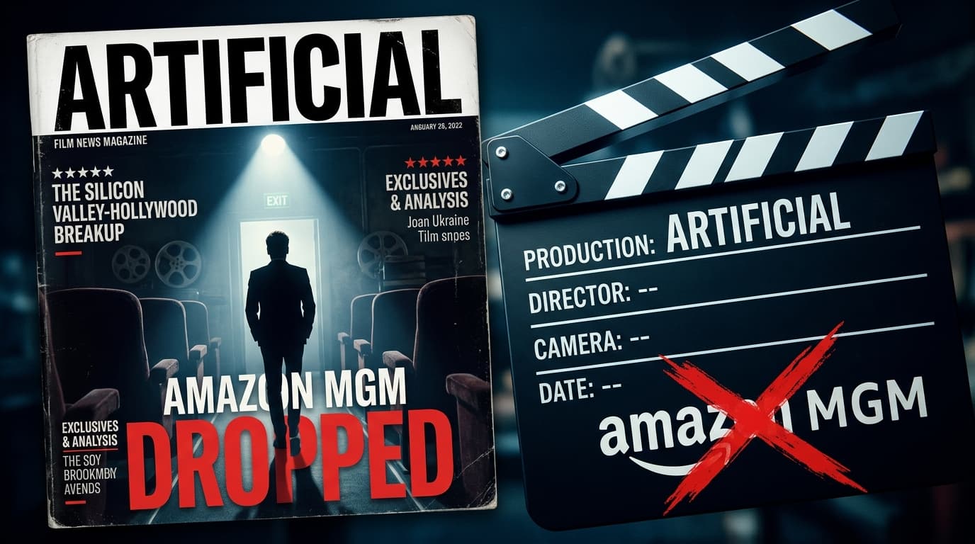 ฟิล์มม้วนและป้าย Amazon MGM Studios กับเงาคนถือกล้องถ่ายทำ สื่อถึงหนังที่ถูกถอดโปรเจกต์
