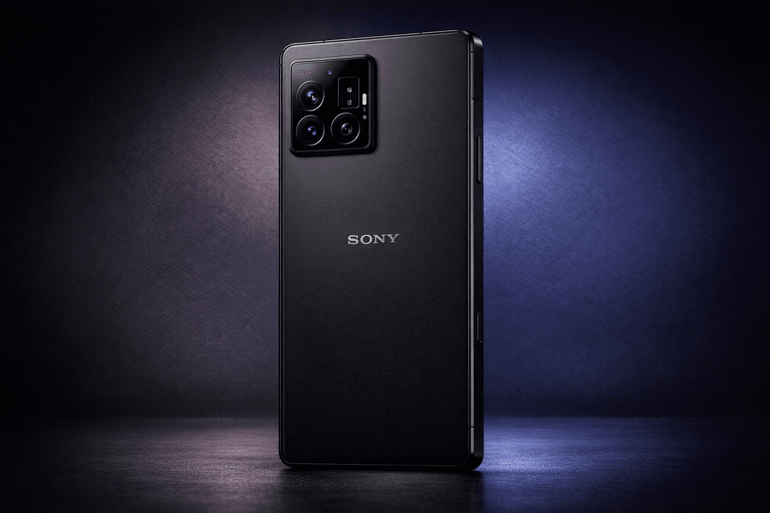 ภาพเรนเดอร์ Sony Xperia 1 VIII ตัวเครื่องสีดำ ดีไซน์ใหม่ กล้องหลังทรงสี่เหลี่ยมจัตุรัส พื้นหลังสตูดิโอโทนเข้ม