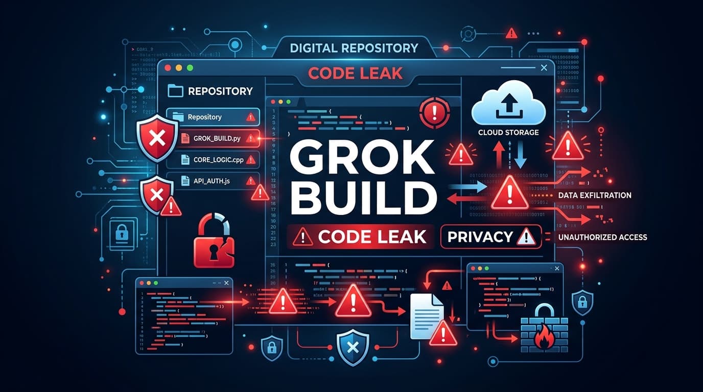 กราฟิกเตือนภัยความปลอดภัย แสดงโค้ดถูกอัปโหลดขึ้นคลาวด์ พร้อมโลโก้ Grok และ SpaceXAI ในโทนสีแดงเข้ม