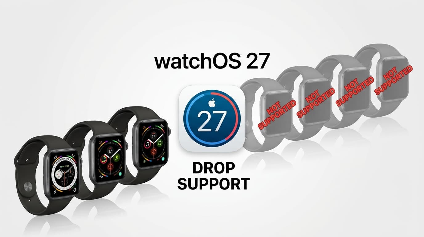 ภาพกราฟิก Apple Watch ดีไซน์โมเดิร์นพร้อมหน้าจอ watchOS 27 และข้อความยกเลิกซัพพอร์ตรุ่นเก่า