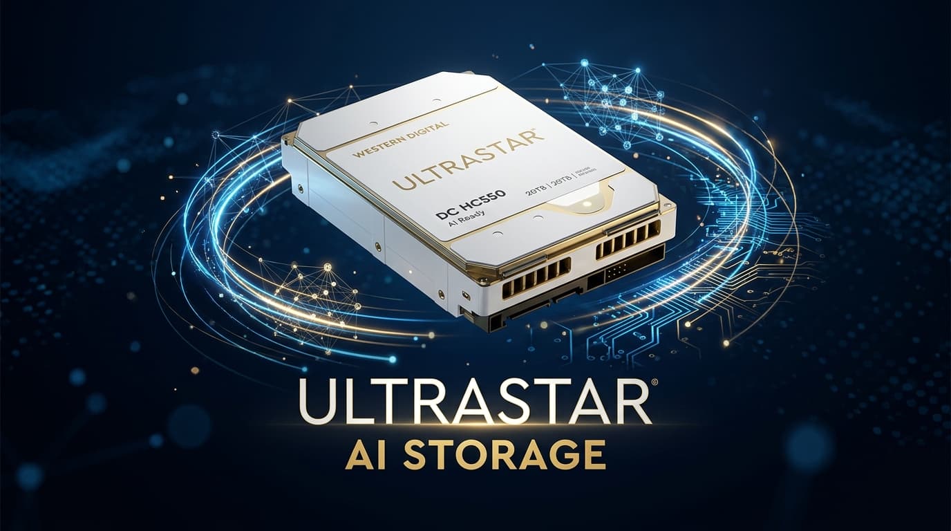 ภาพคอนเซ็ปต์ Western Digital Ultrastar HDD สีขาวและทอง มีไอคอน AI และโครงข่ายข้อมูลหมุนรอบ พื้นหลังสีกรมท่าและฟ้า
