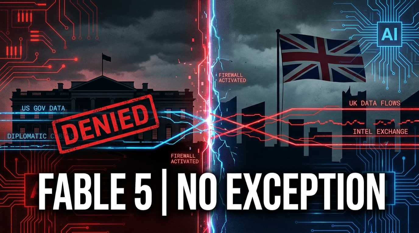 White House building with UK Union Jack and AI digital network overlay, diplomatic tension visualization
