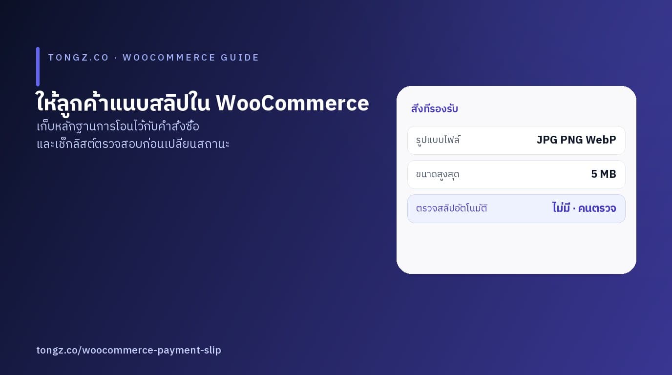 หน้าจอให้ลูกค้าแนบหลักฐานการโอนเงินในคำสั่งซื้อ WooCommerce พร้อมตัวอย่างสลิปโอนเงิน